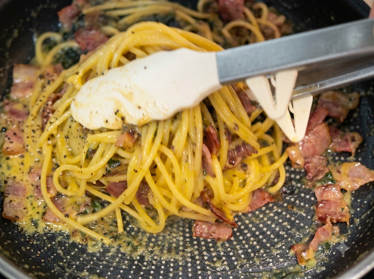 Pinces de cuisine remuant vigoureusement les spaghettis, le bacon et la sauce crémeuse dans une poêle antiadhésive.