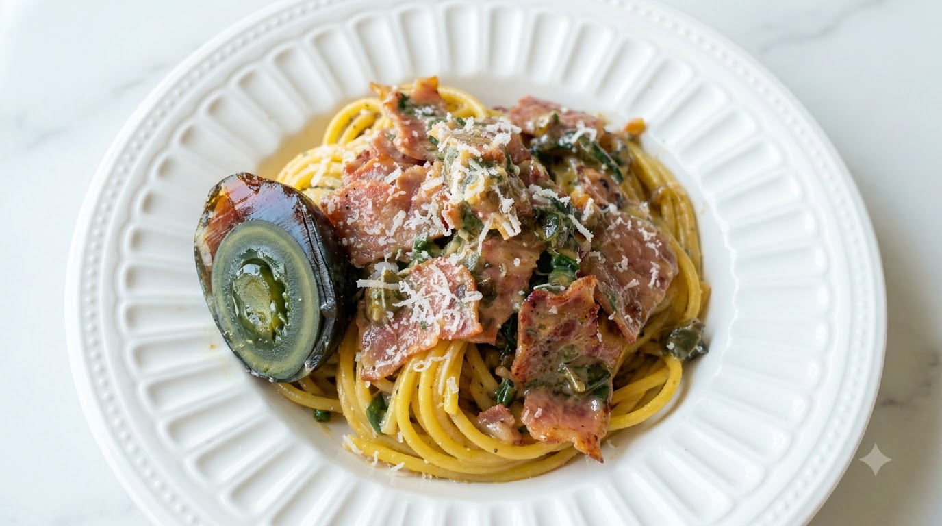 Pâtes aux Œufs Préservés et Bacon (Fusion Carbonara)