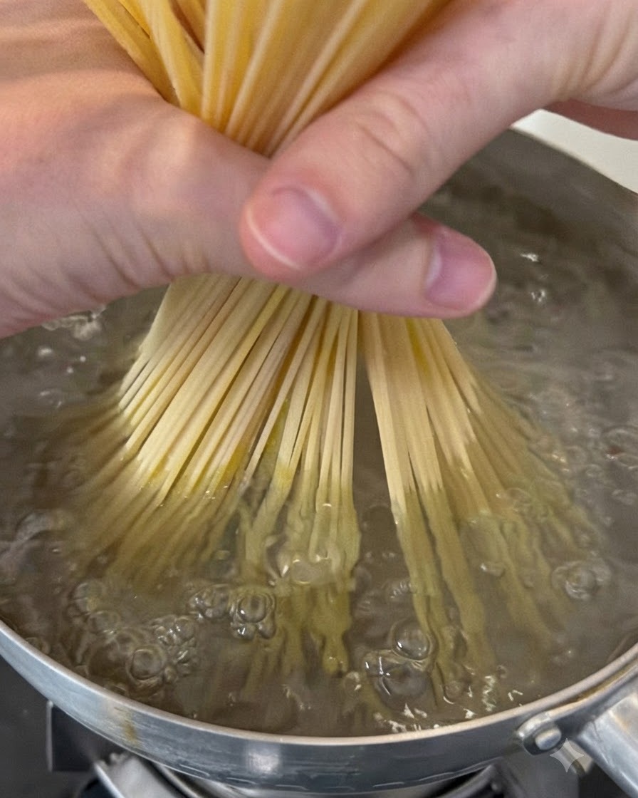 Pâtes spaghetti sèches tenues et plongées dans une casserole deau bouillante.
