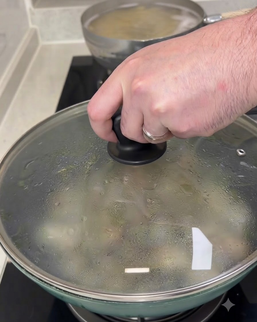 Une personne tenant le couvercle dune poêle couverte tout en cuisinant des palourdes sur la cuisinière.