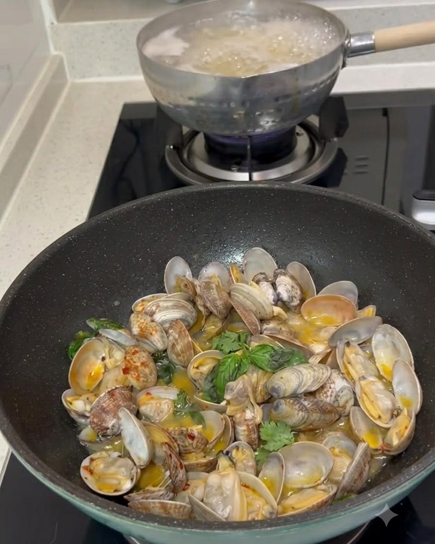Une casserole deau bouillante posée sur la cuisinière derrière une poêle remplie de palourdes cuites en sauce.