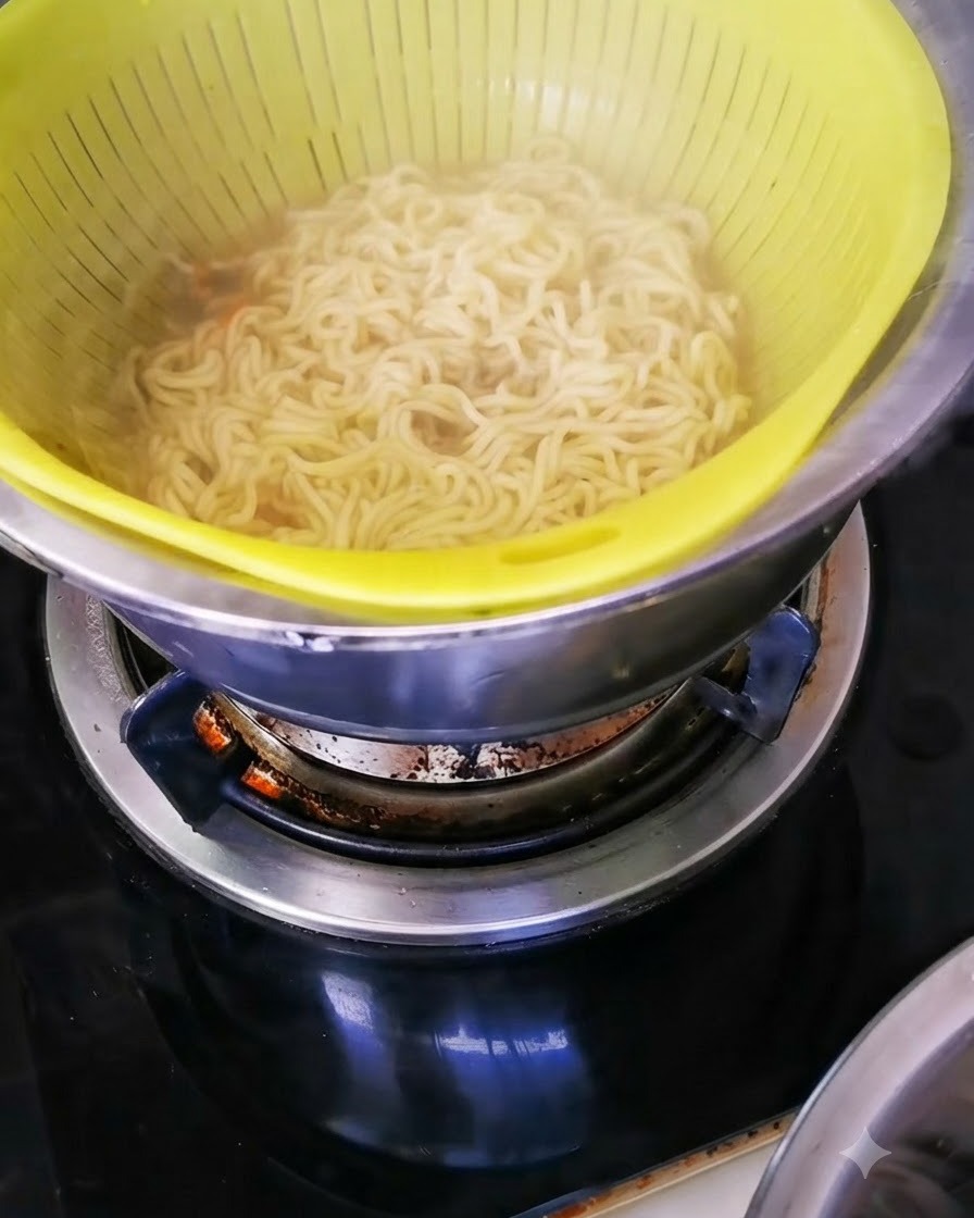 Des spaghettis cuits reposant dans une passoire jaune placée sur un bol en métal.