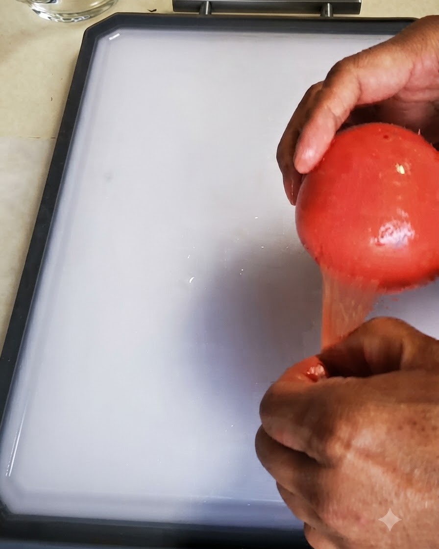 Des mains retirant la peau dune tomate rouge blanchie sur une planche à découper blanche.