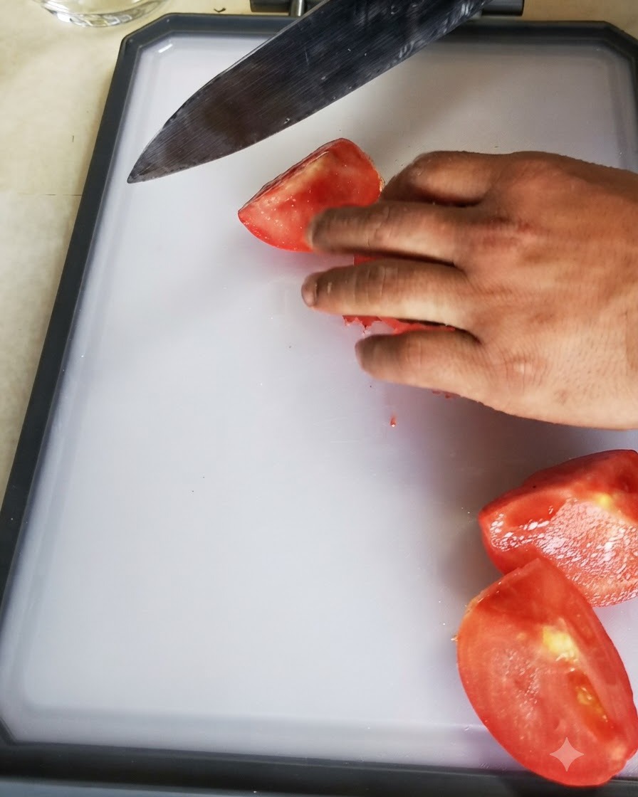 Une tomate épluchée tranchée et coupée avec un couteau sur une planche à découper.
