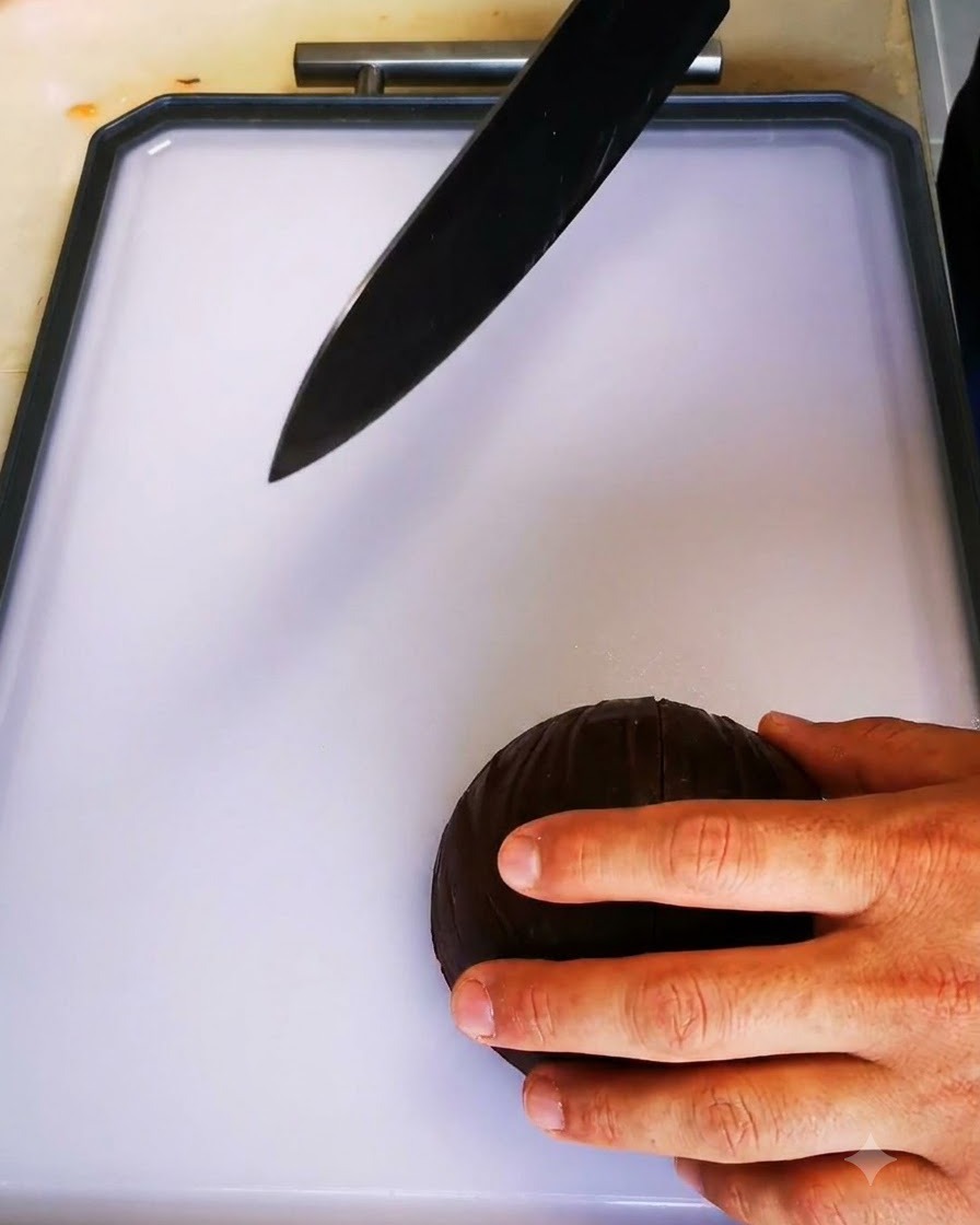 Un couteau de chef aiguisé coupant un oignon rouge sur une planche blanche.