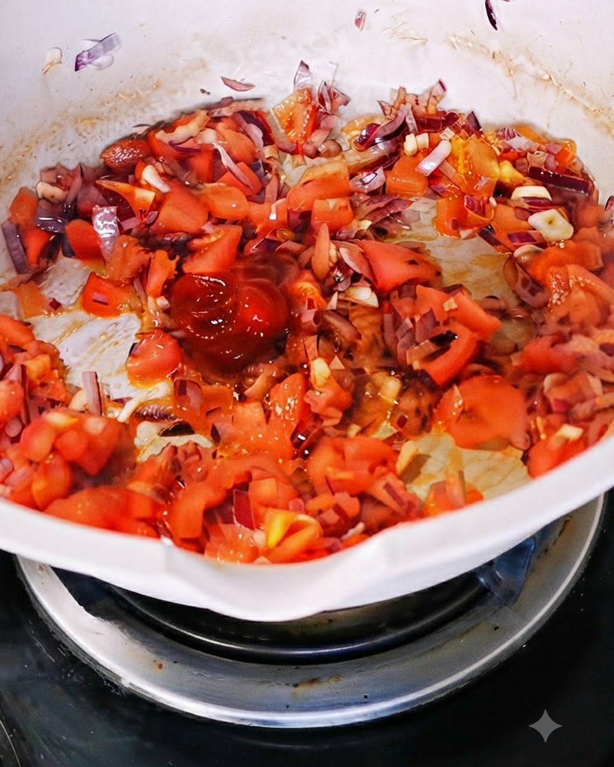 Une cuillerée de concentré de tomates riche ajoutée au mélange de tomates et doignons dans une poêle.