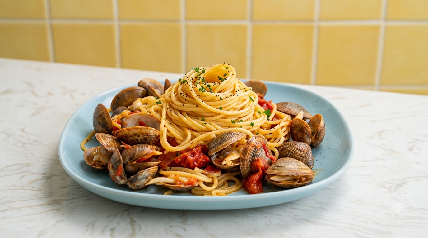 Une assiette bleue élégante de pâtes italiennes aux fruits de mer, garnie de tomates en dés, doignons, dail, de palourdes ouvertes et parsemée dherbes fraîches.