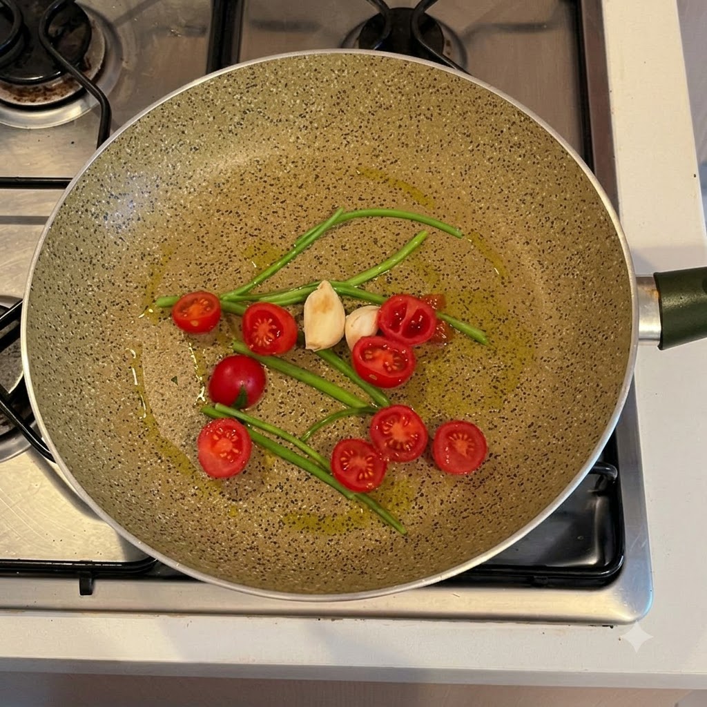 Des moitiés de tomates cerises, des gousses dail et du céleri sautés dans une poêle enduite dhuile dolive.