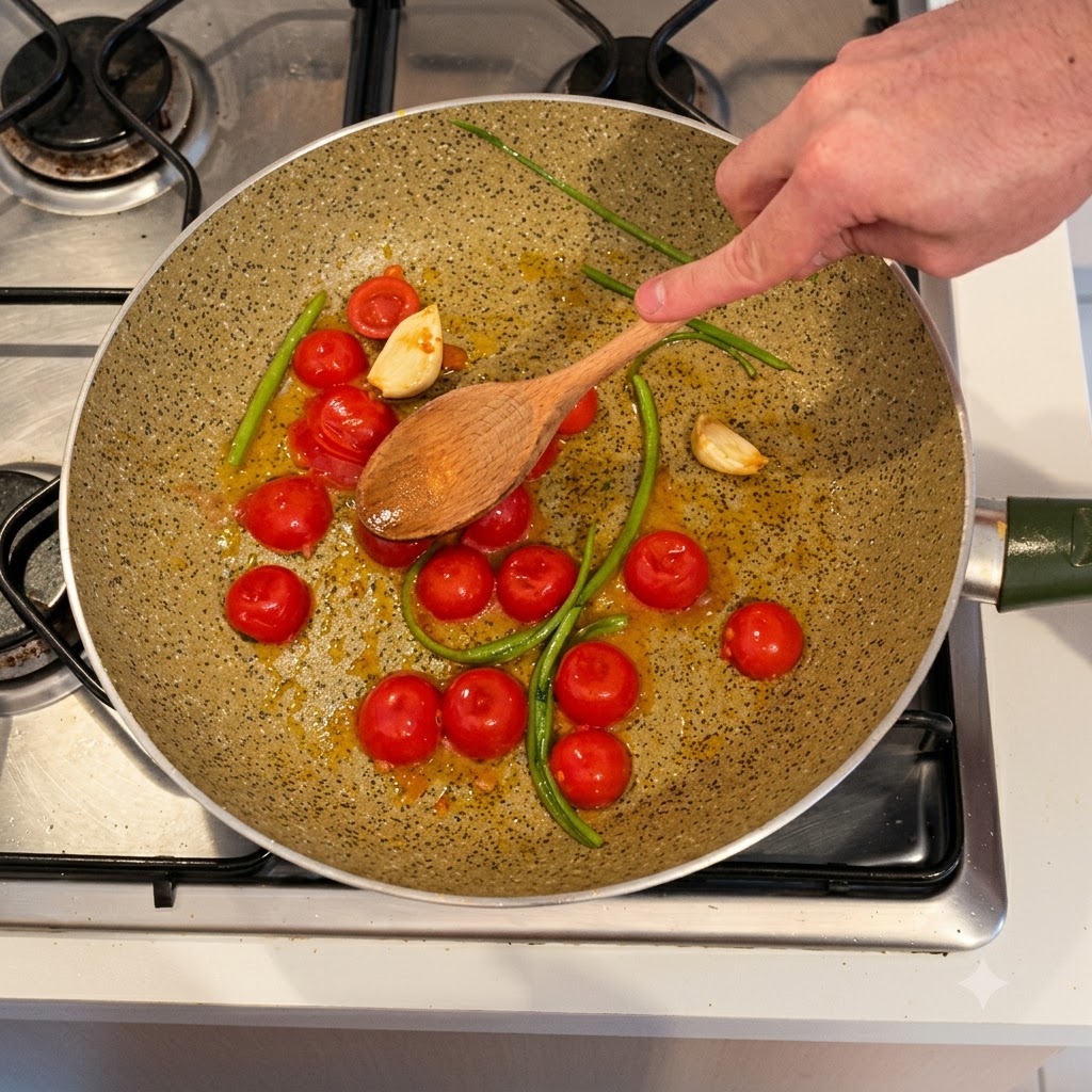 Une main utilise une cuillère en bois pour appuyer sur des tomates cerises rouge vif qui cuisent dans une poêle avec de lail et du céleri.