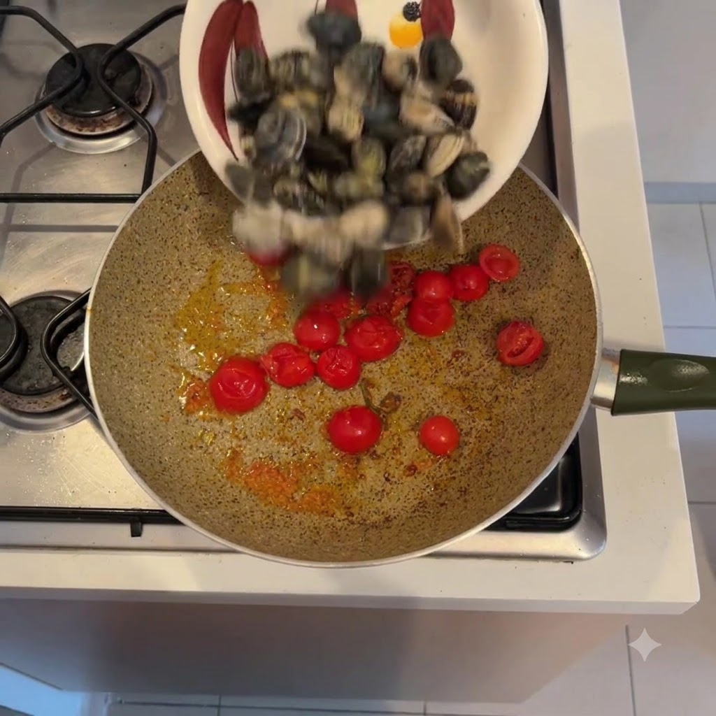 Des palourdes entières fraîches sont versées dun bol décoratif dans une poêle chaude contenant des tomates cerises et de lhuile en cuisson.