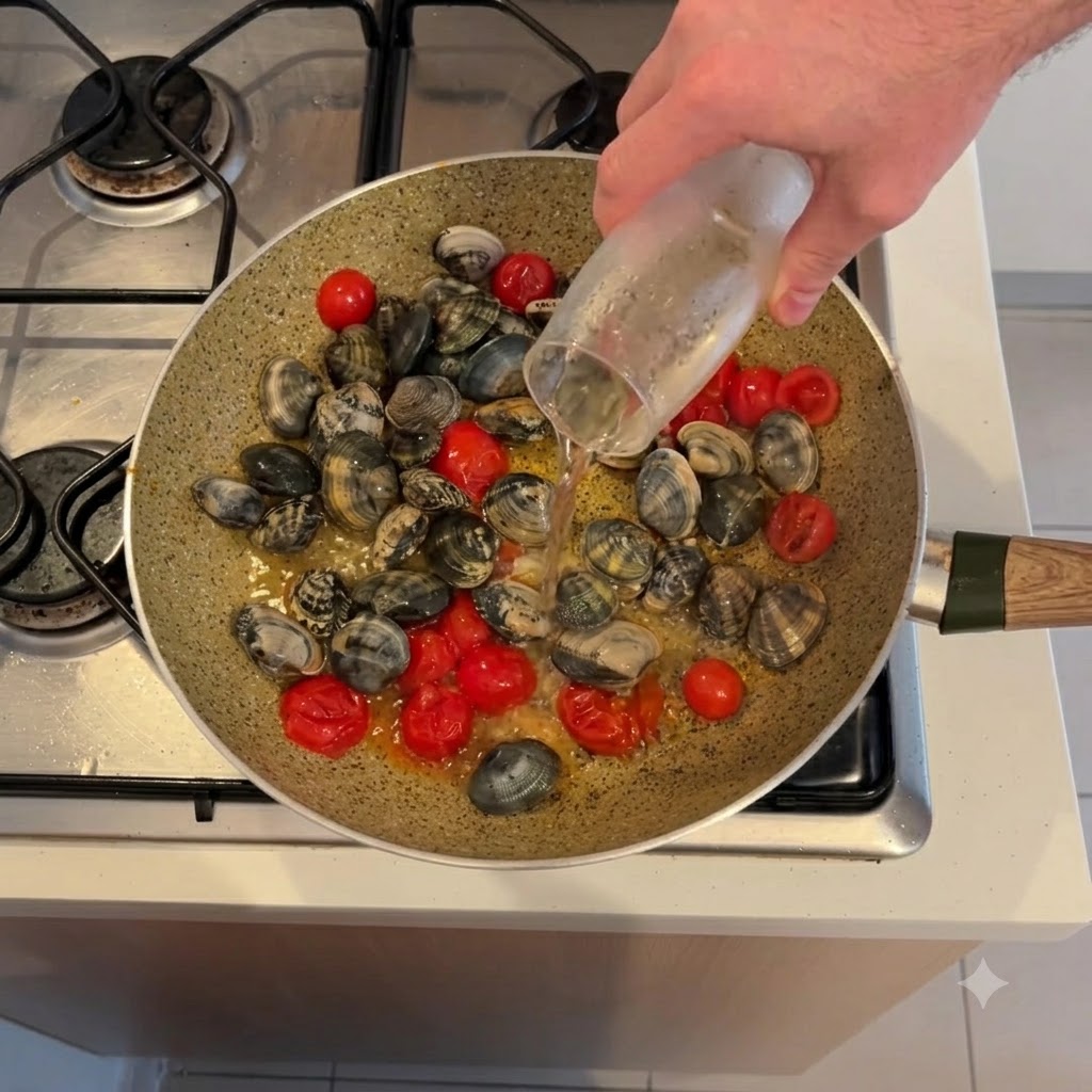 Une main verse du vin blanc dun petit verre sur des palourdes fumantes et des tomates cerises dans une poêle.