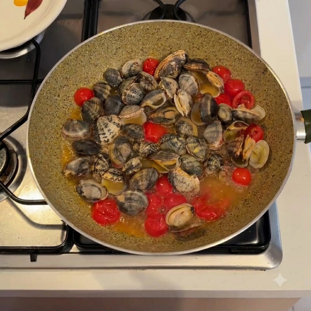 Des palourdes sont retirées dune poêle remplie de liquide de cuisson et de tomates à laide de baguettes.