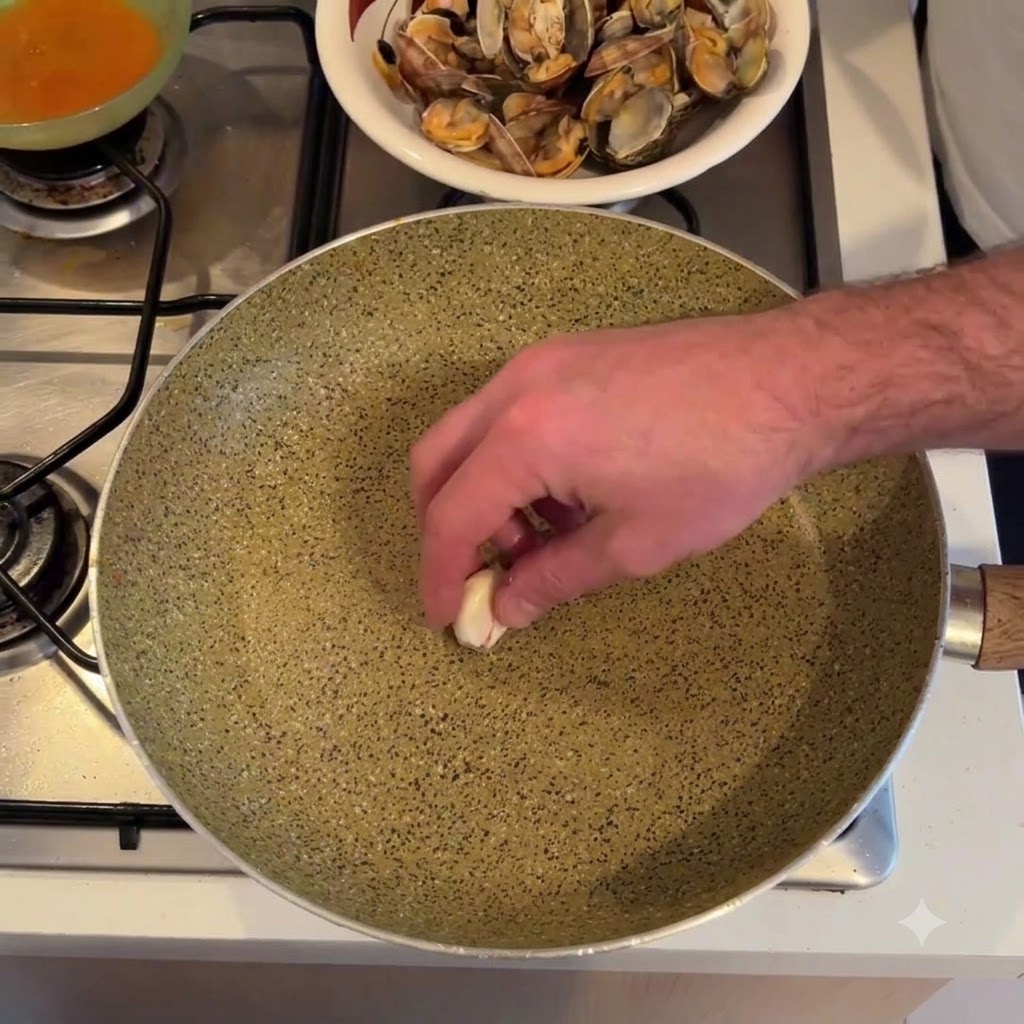 De leau est versée dune petite casserole dans une poêle remplie de coquilles de palourdes, avec un bol de palourdes en arrière-plan.