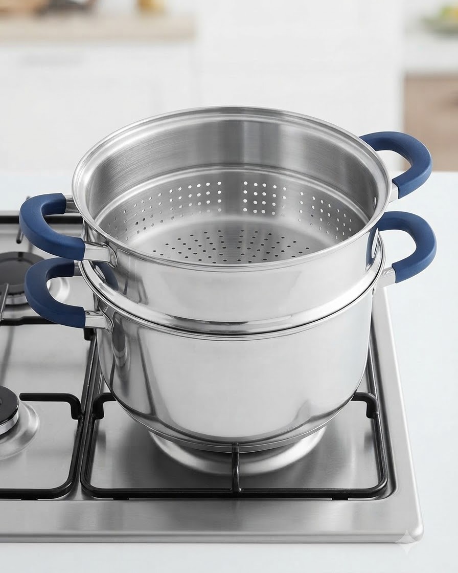 Une grande marmite en acier inoxydable à deux étages placée sur le brûleur dune cuisinière.