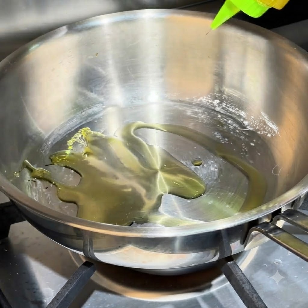 Huile dolive dans une poêle chauffée en métal avec de lail et des piments.