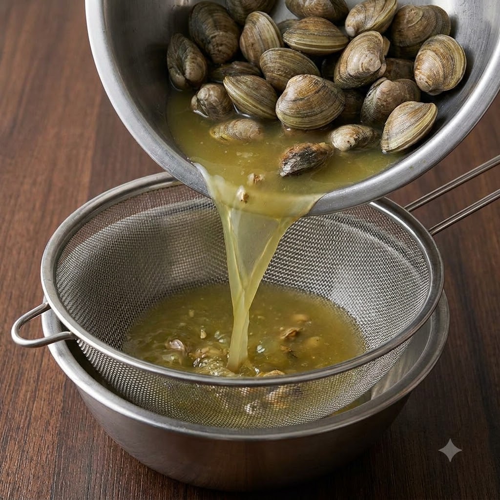 Palourdes et bouillon versés à travers un tamis en métal dans un bol.