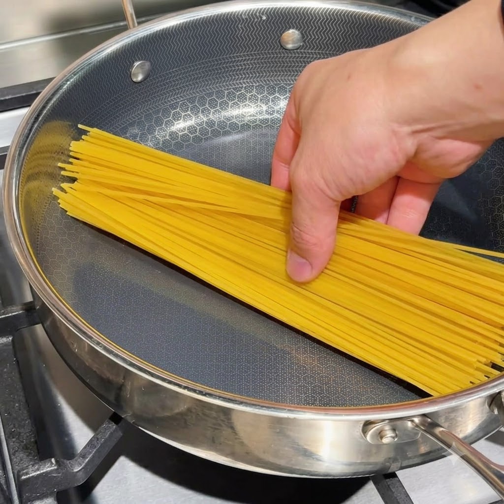 Nouilles de spaghetti sèches à plat dans une poêle avec le bouillon de palourdes concentré versé dessus.