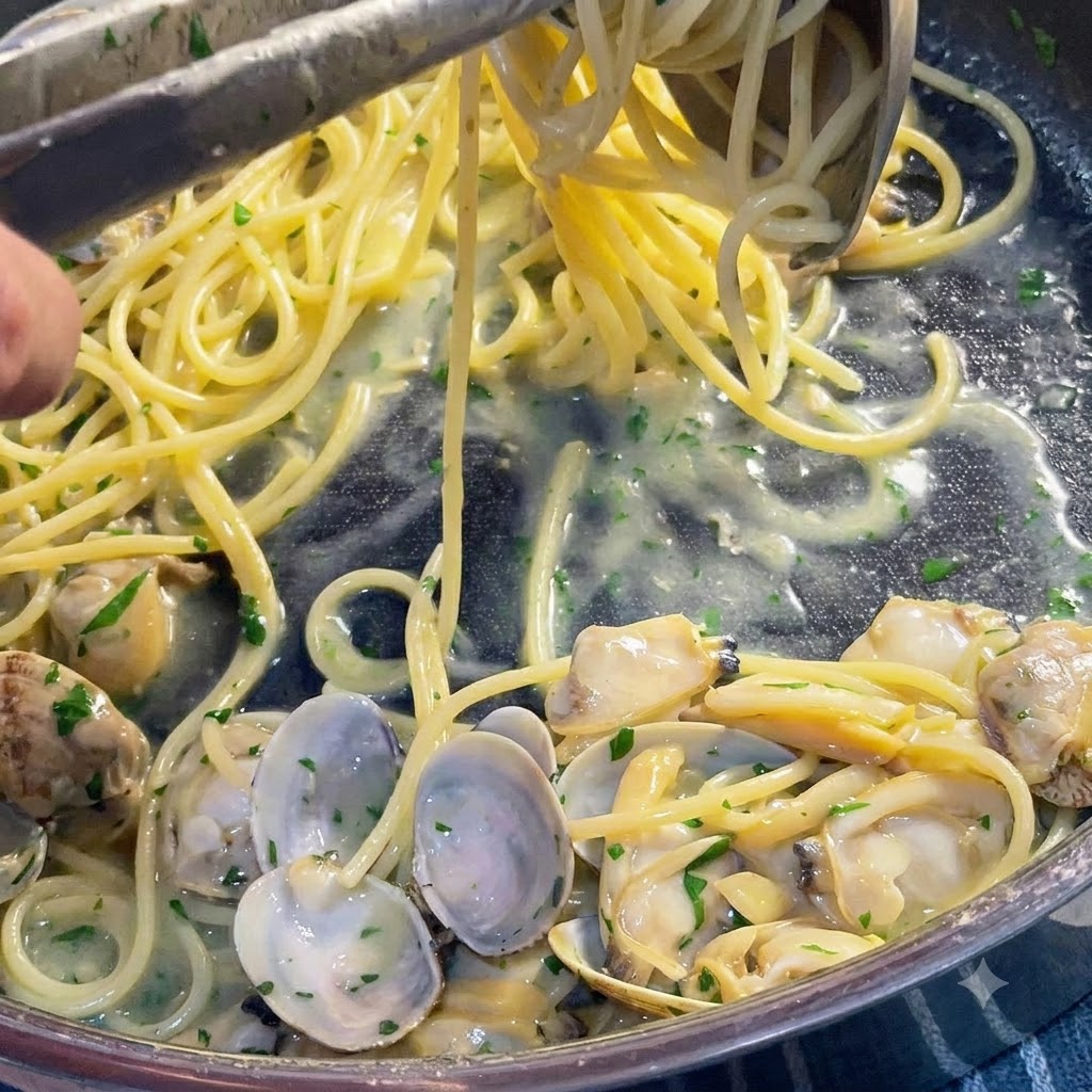 Bouillon versé à la louche dans une poêle de spaghetti mijotant avec des palourdes et du persil.
