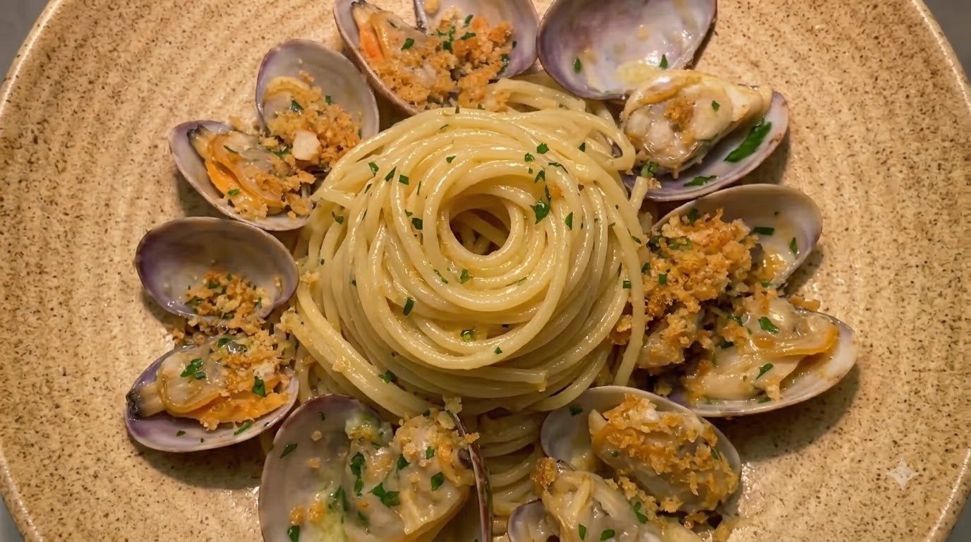 Spaghetti aux Palourdes Classique et Chapelure à l'Ail Doré