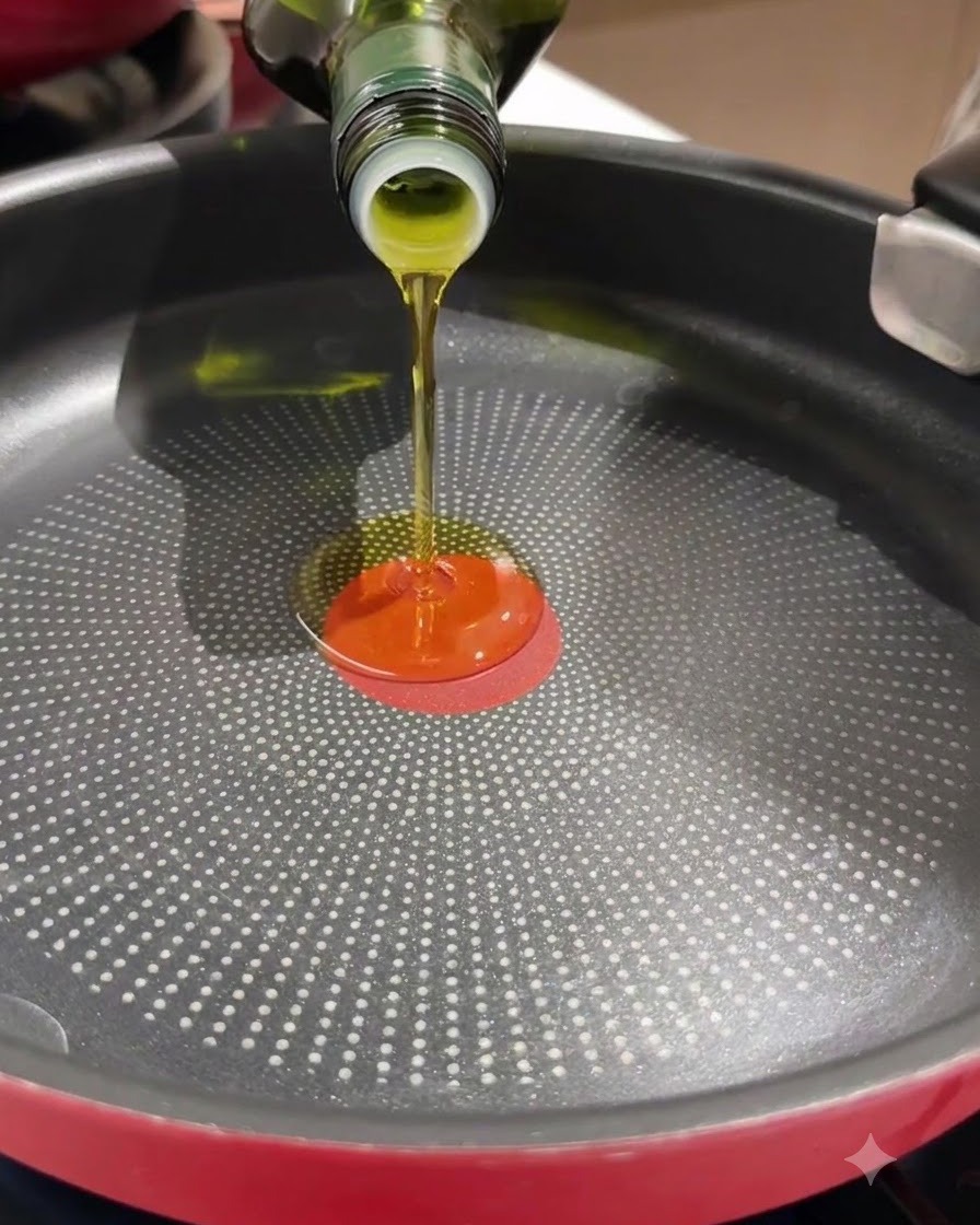 De lhuile dolive versée depuis une bouteille en verre dans une poêle noire chaude.