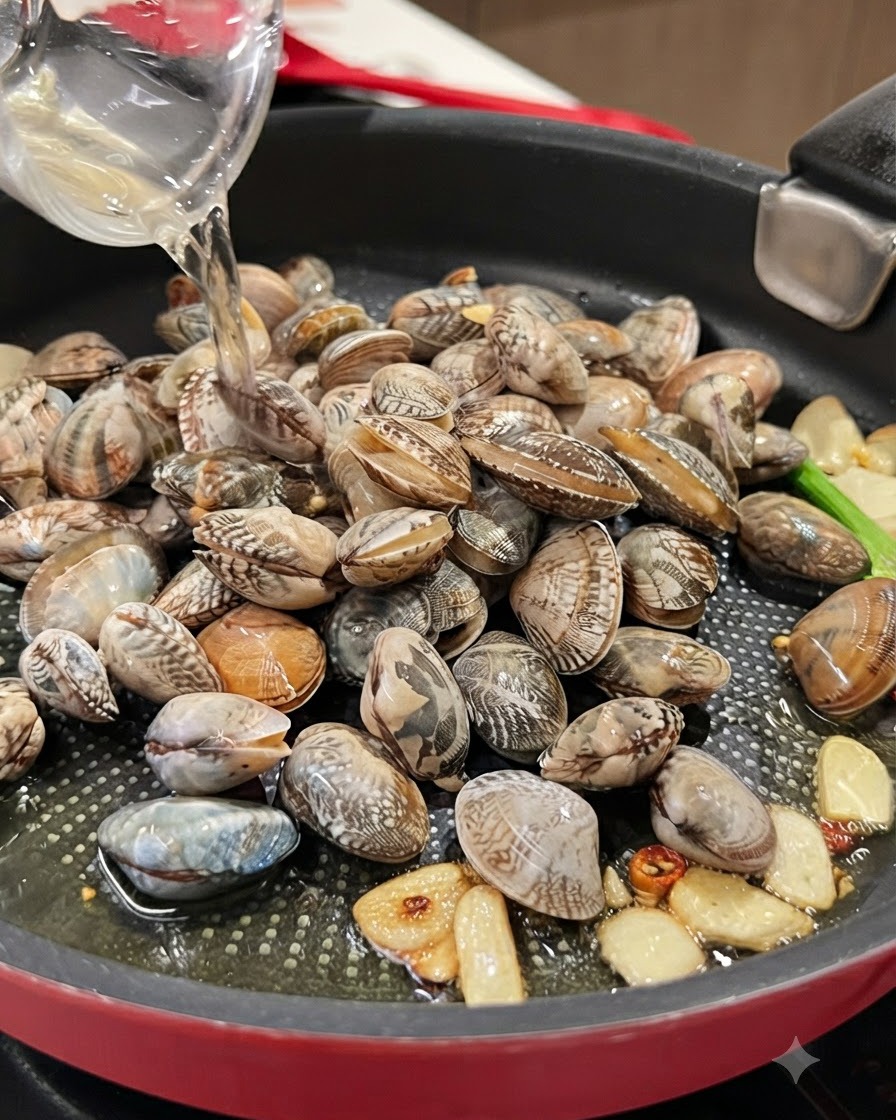 Du vin blanc sec versé depuis un récipient transparent sur une poêle remplie de palourdes fraîches.