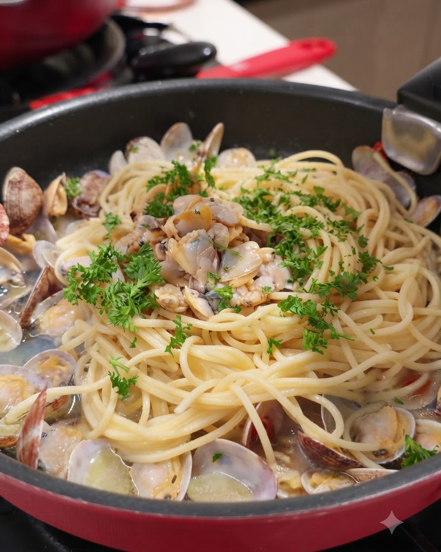 Une poêle de spaghettis et de palourdes généreusement garnie de persil vert frais haché.