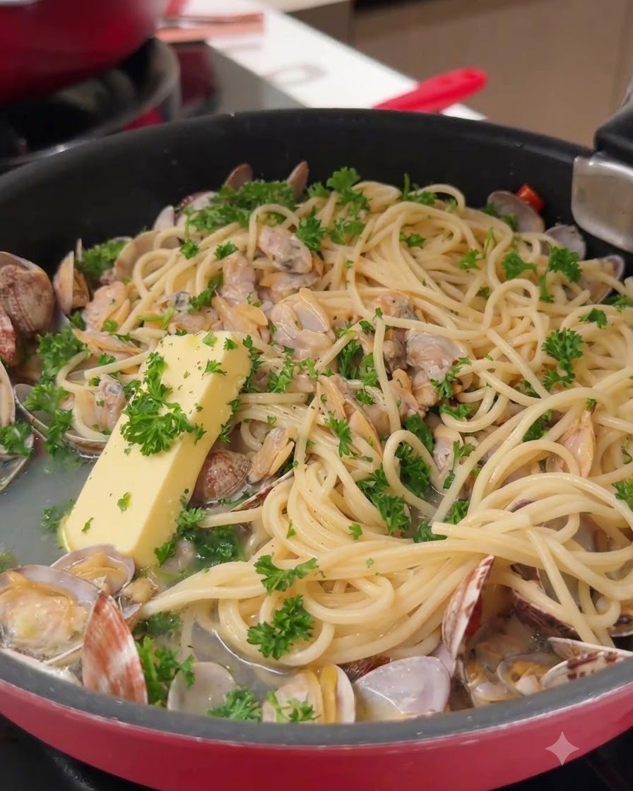 Un bloc de beurre jaune posé sur des spaghettis et des palourdes dans une poêle.