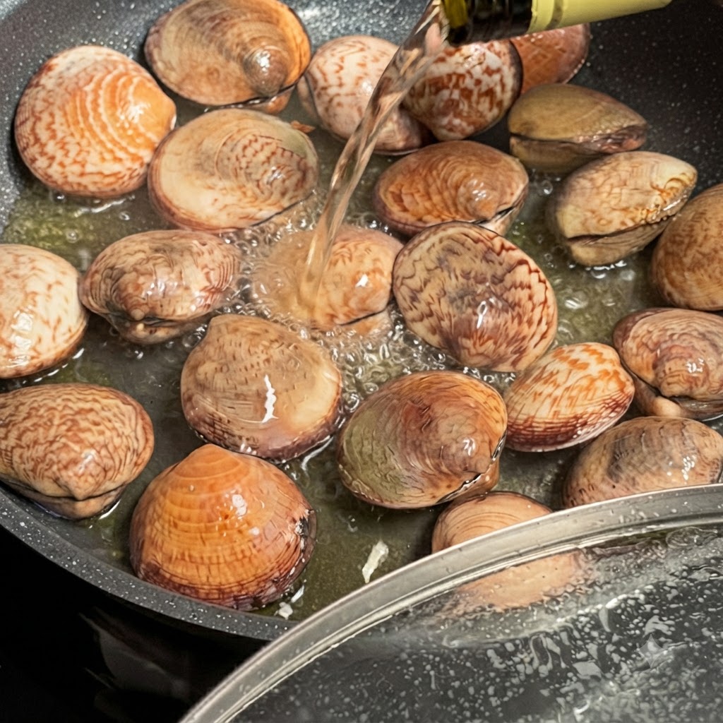 Du vin blanc versé sur une poêle remplie de palourdes.