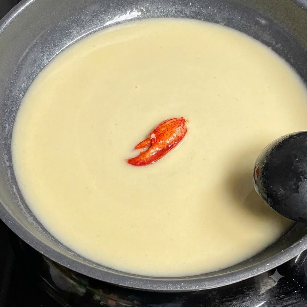 Une cuillère de riche beurre de crabe reposant à lintérieur du bouillon de palourdes mijotant dans une poêle.