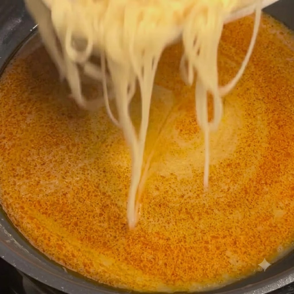 Des nouilles de pâtes fraîchement cuites transférées dune assiette vers une poêle grésillante remplie de sauce crémeuse orange aux palourdes et au beurre de crabe.