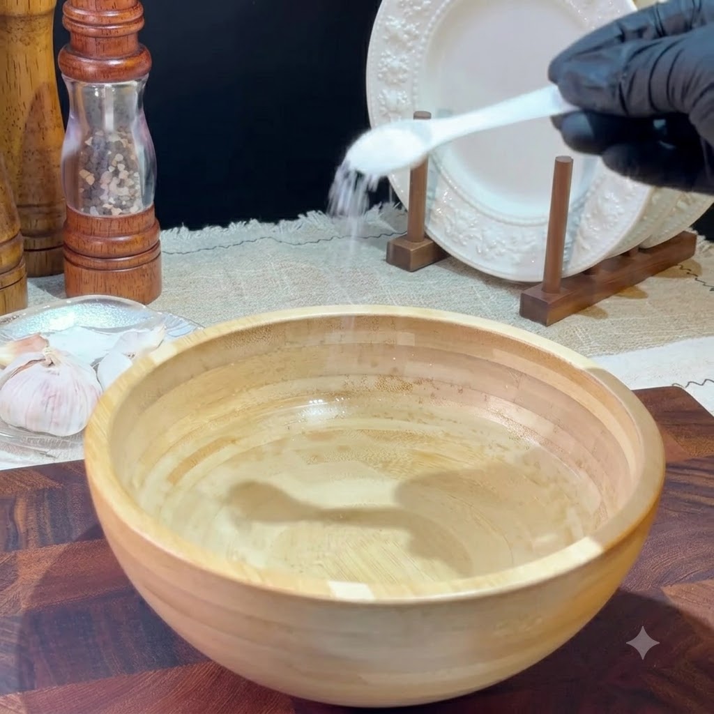 Du sel versé dune cuillère blanche dans un bol en bois rempli deau.
