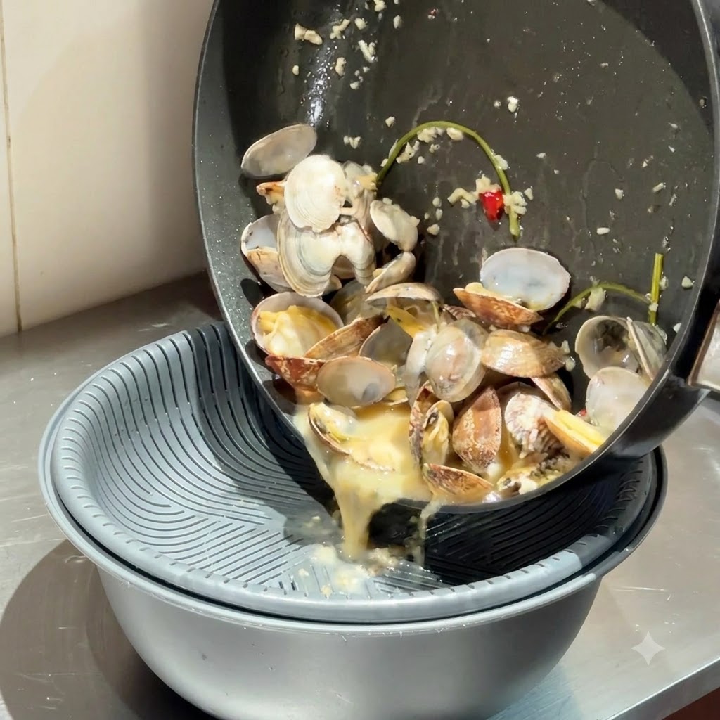 Bouillon et palourdes versés dune poêle à travers une passoire dans un bol.