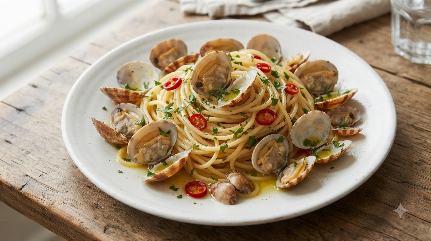 Une assiette de spaghettis aux palourdes napolitains garnie de persil frais et de rondelles de piment, présentée sur une planche en bois.