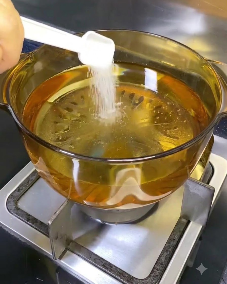 Une casserole transparente sur une cuisinière contenant de leau avec du sel blanc versé à partir dune cuillère mesureur blanche.