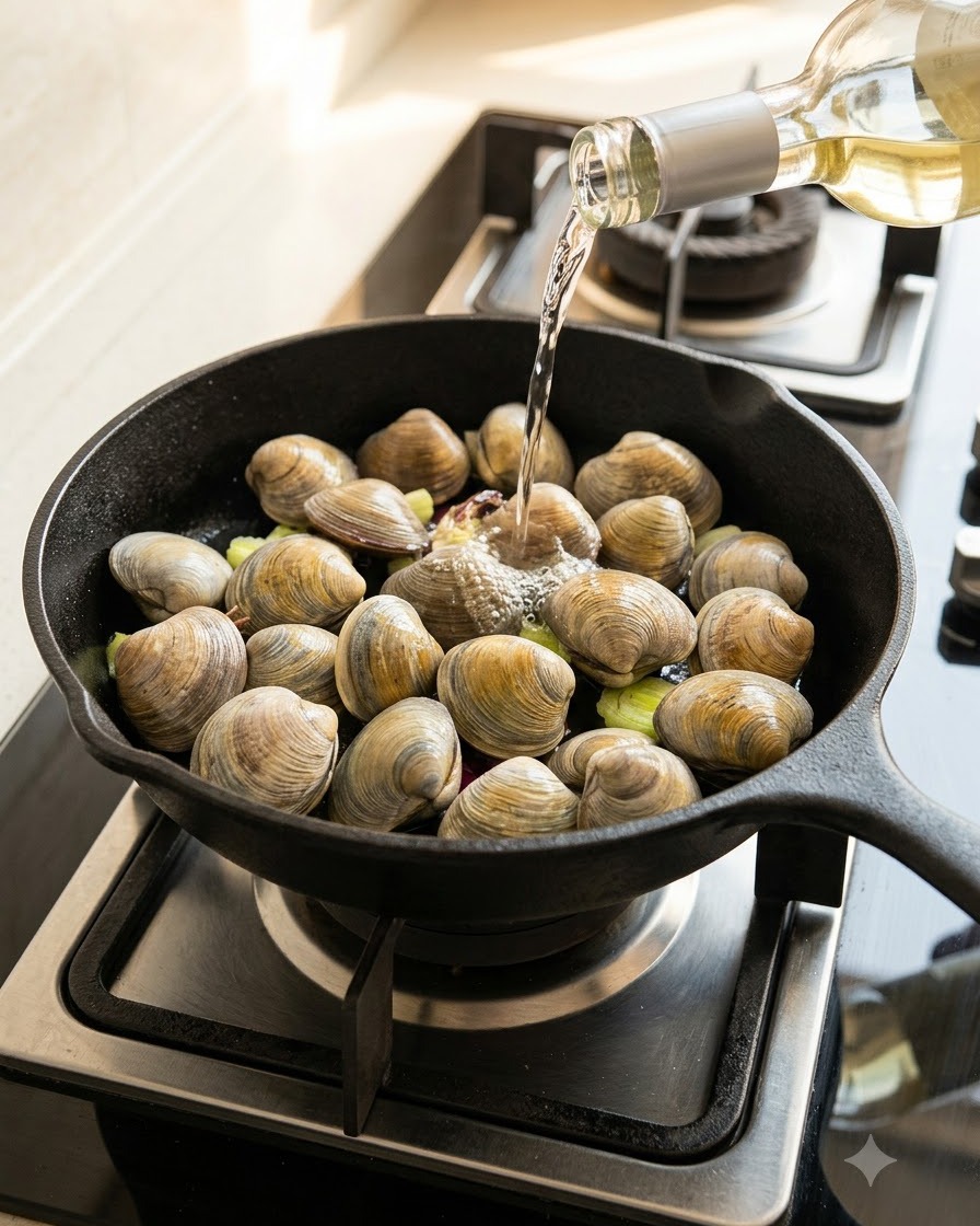 Du vin blanc versé dune bouteille dans une poêle en fonte remplie de palourdes fraîches et de légumes.