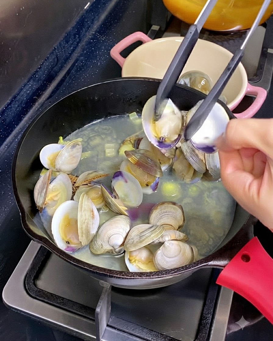 Une paire de pinces de cuisine maintenant ouverte une coquille de palourde avec de la chair cuite à lintérieur, au-dessus dune poêle de palourdes et de bouillon frémissants.