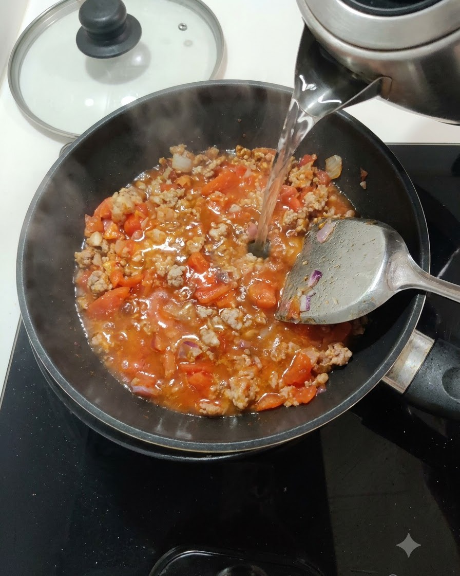 De leau claire versée depuis une bouilloire en argent dans une poêle contenant des tomates et de la viande.
