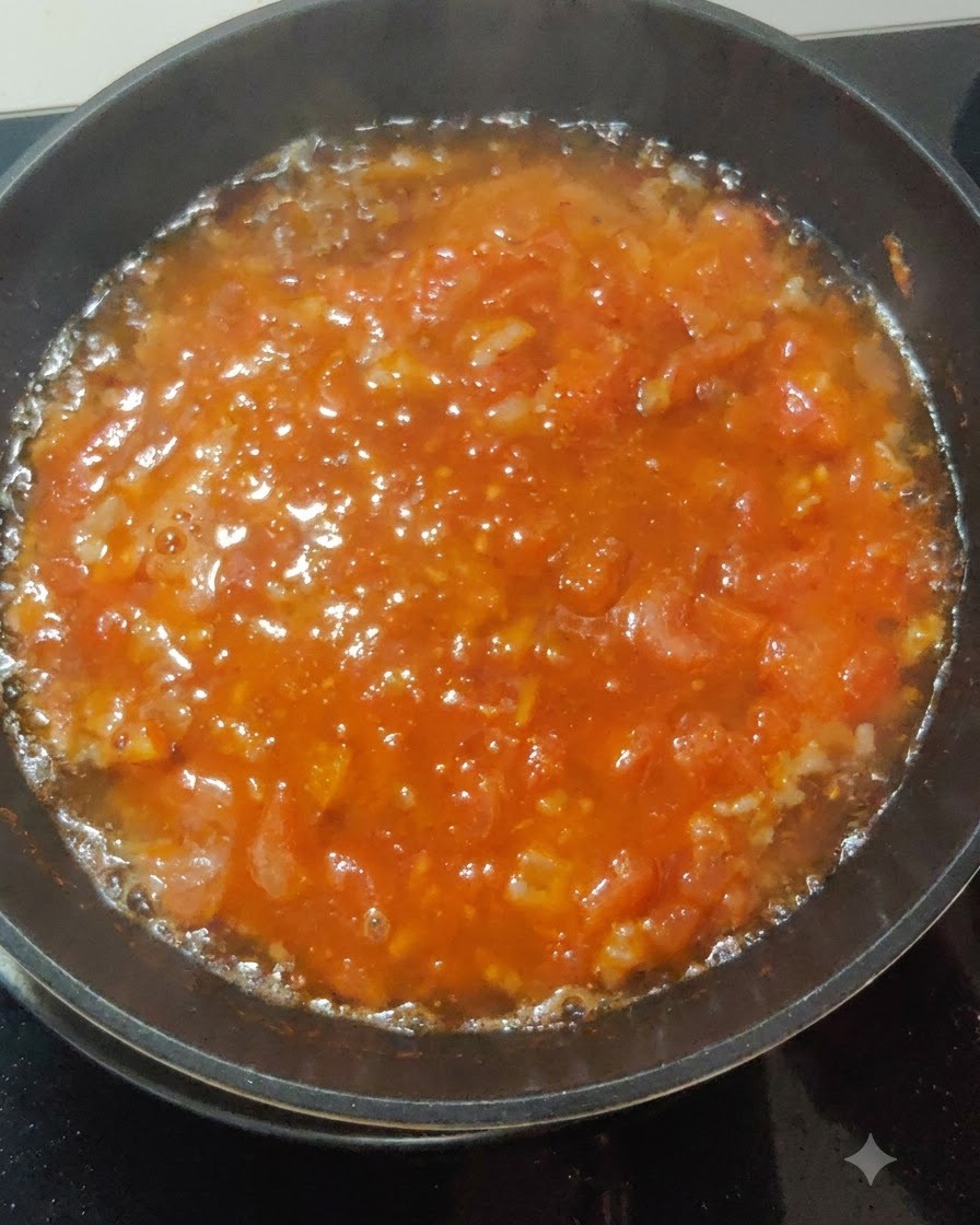 Une sauce rouge épaisse et frémissante qui bouillonne à lintérieur dune poêle sur la cuisinière.