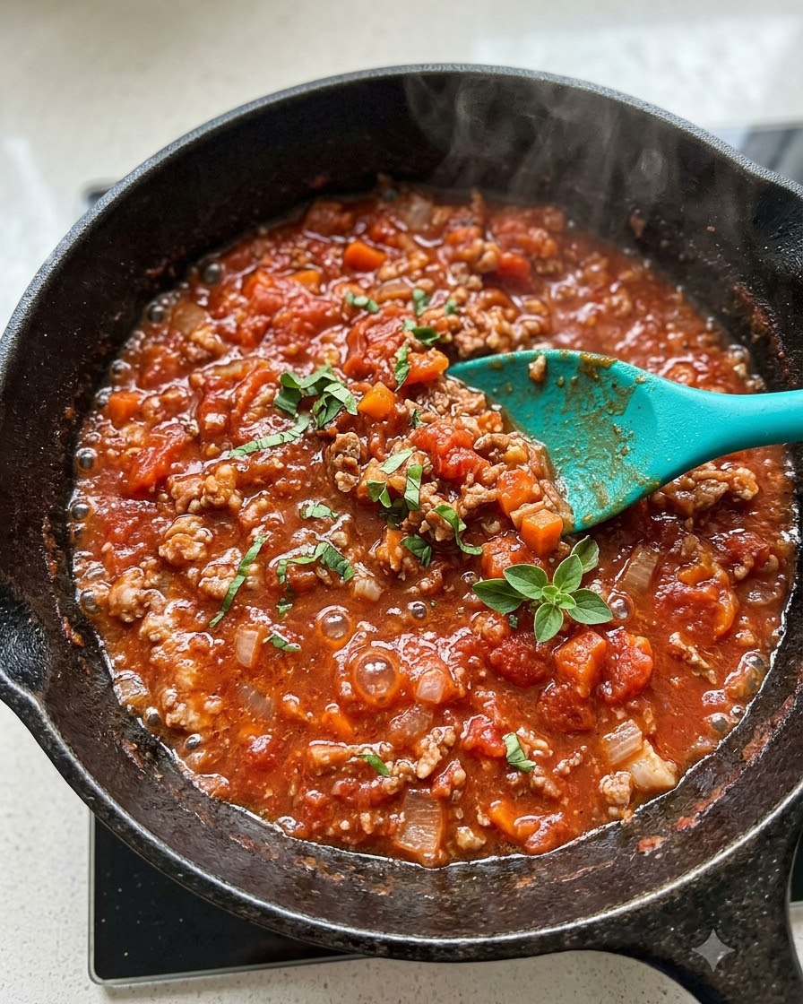 Une louche versant de la sauce tomate à la viande chaude sur un lit de spaghettis cuits dans une assiette blanche.