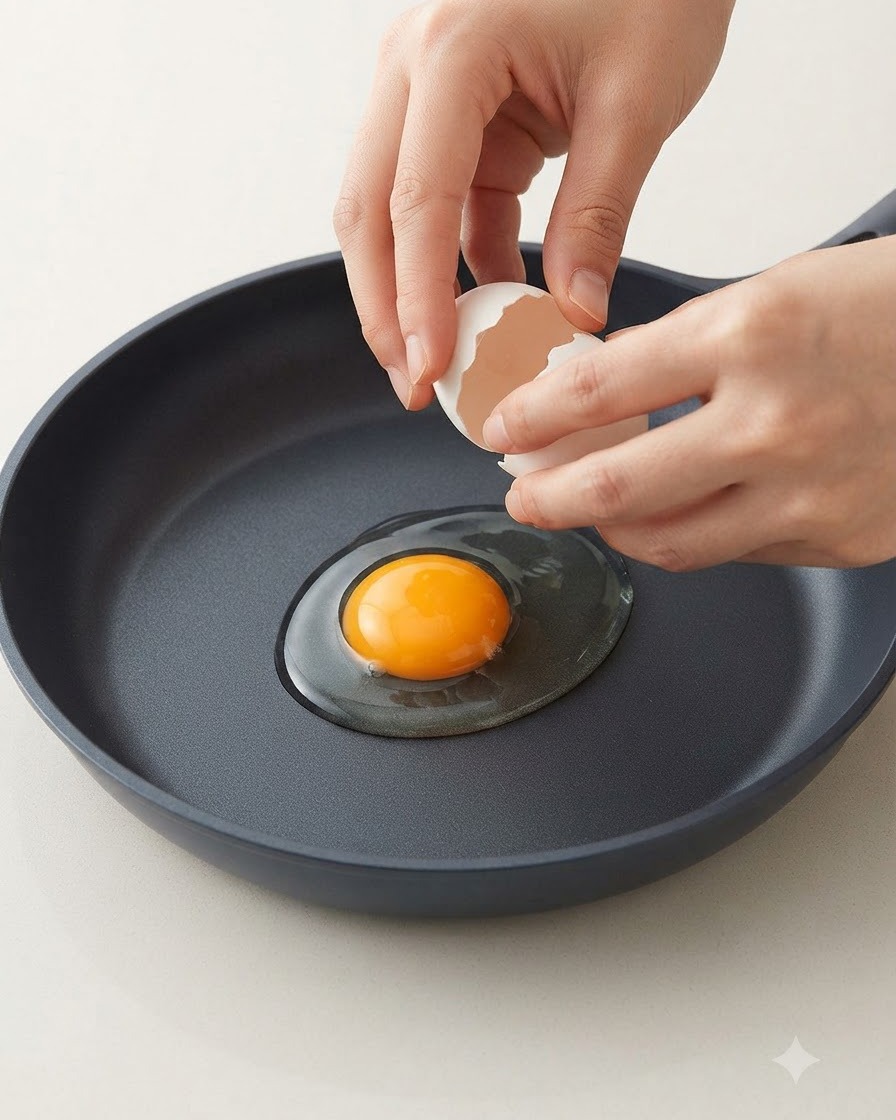 Un œuf cassé dans une poêle antiadhésive noire pour préparer un œuf au plat.