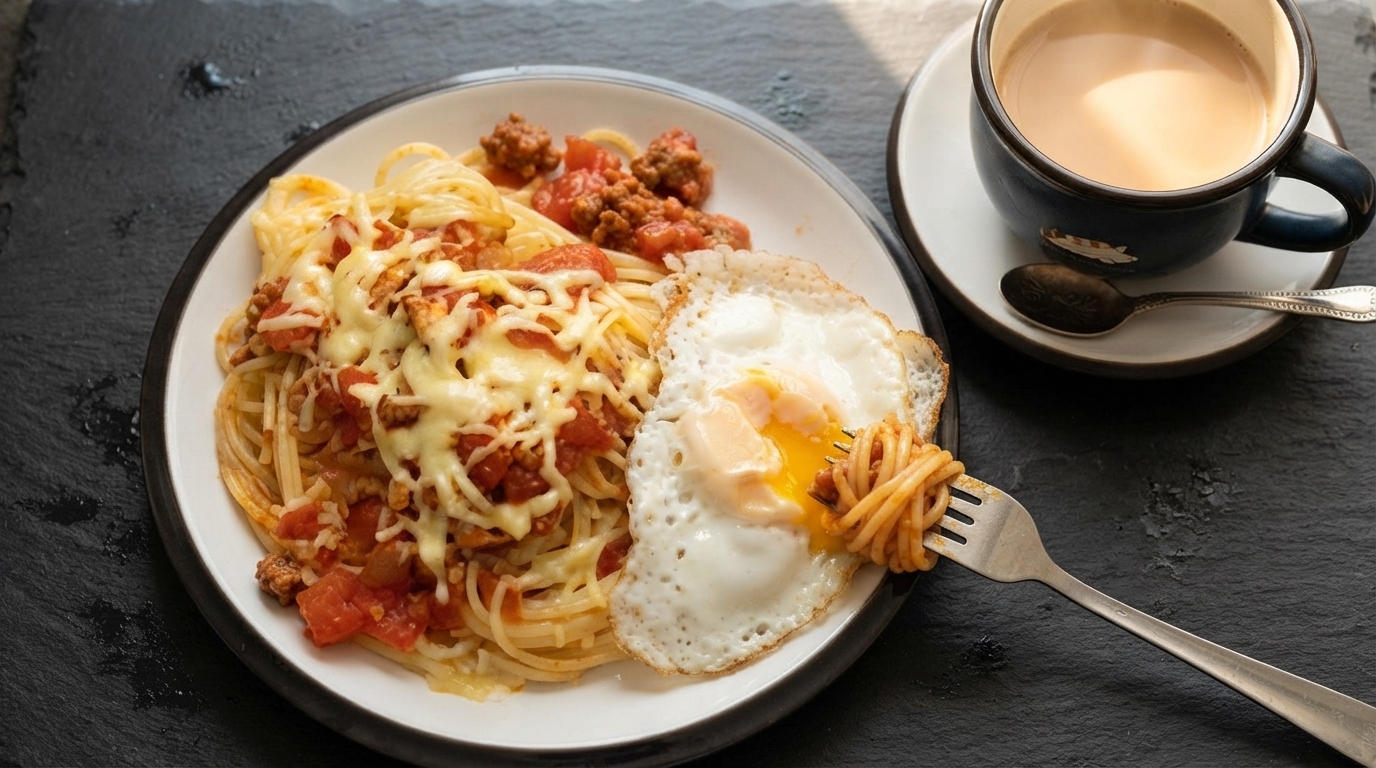 Pâtes gratinées au fromage et œuf au plat à la maison