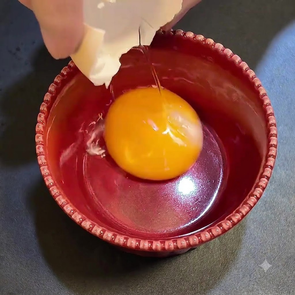 Jaune dœuf pasteurisé dans un bol rouge, mélangé au parmesan et à la sauce à la truffe noire.