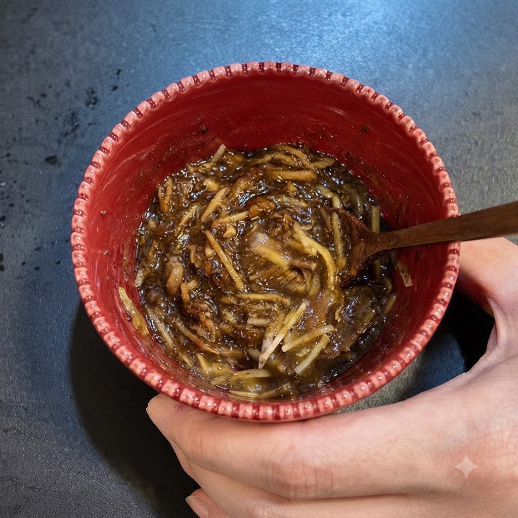 Gros plan sur le mélange de jaune dœuf, de fromage et de sauce à la truffe noire remué dans un bol.
