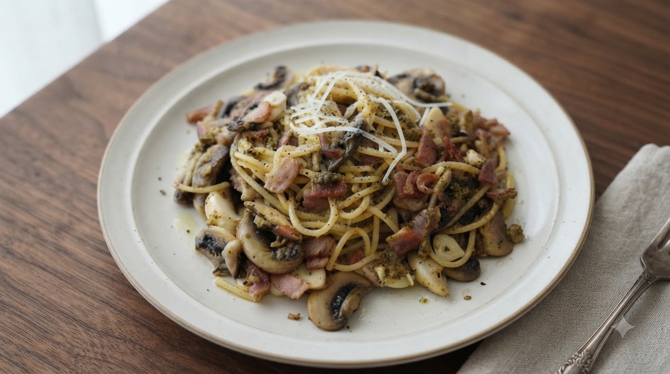 Pâtes crémeuses aux champignons, lardons et truffe
