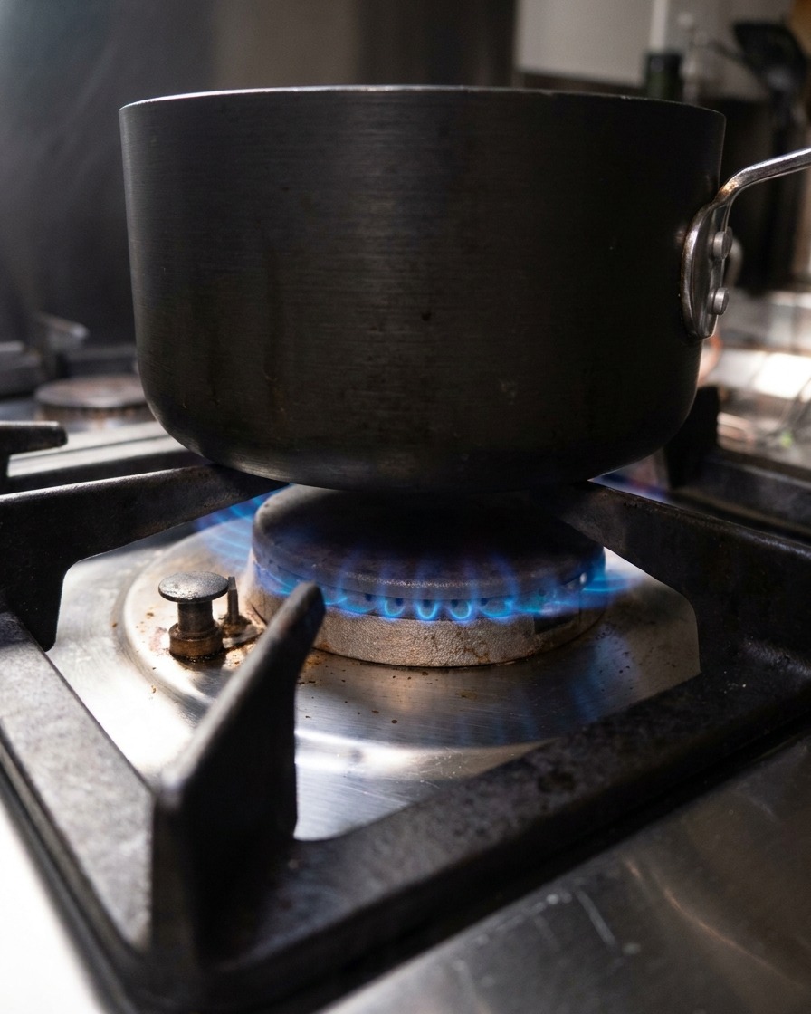 Un petit récipient saupoudrant du poivre et de la muscade dans une casserole de lait qui chauffe sur le feu.