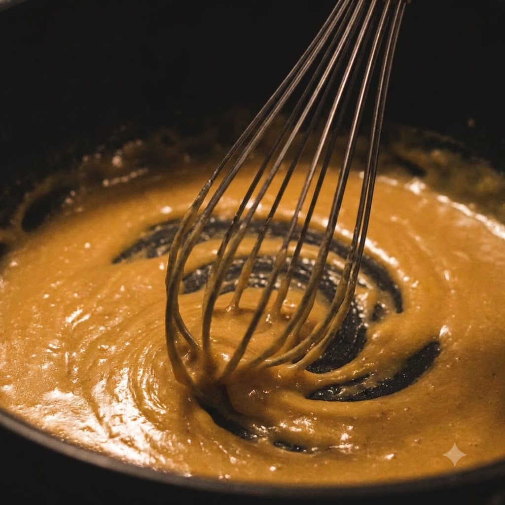 Un fouet remuant une pâte de roux dorée à base de beurre et de farine dans une poêle.