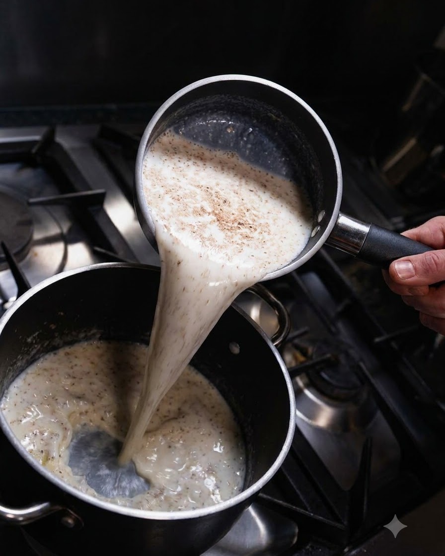 Du lait chaud versé dune casserole dans une poêle contenant le roux, se mélangeant en une texture crémeuse.