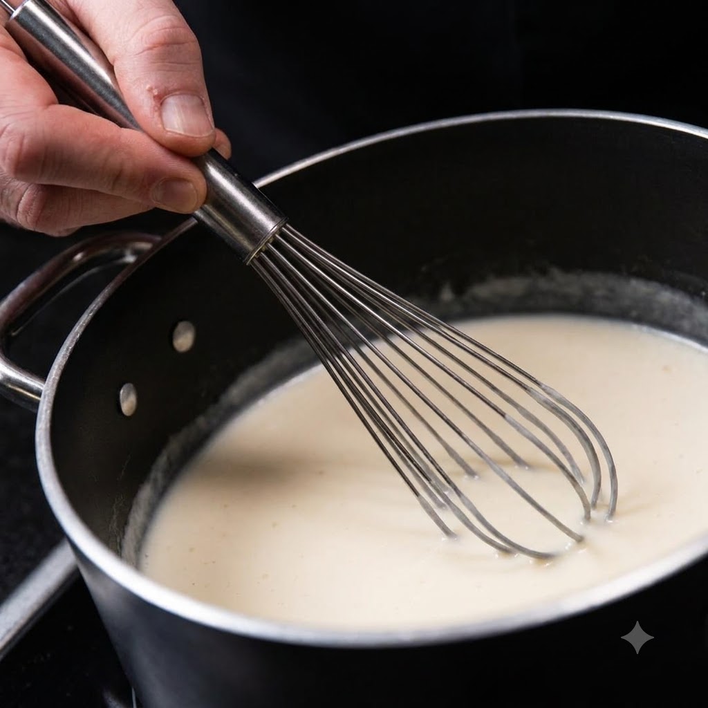 Un fouet en métal remuant activement une sauce blanche et lisse à lintérieur dun récipient sombre.