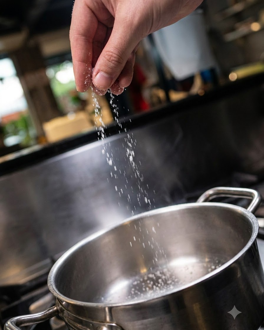 Du sel versé directement à la main dans une casserole en acier inoxydable.