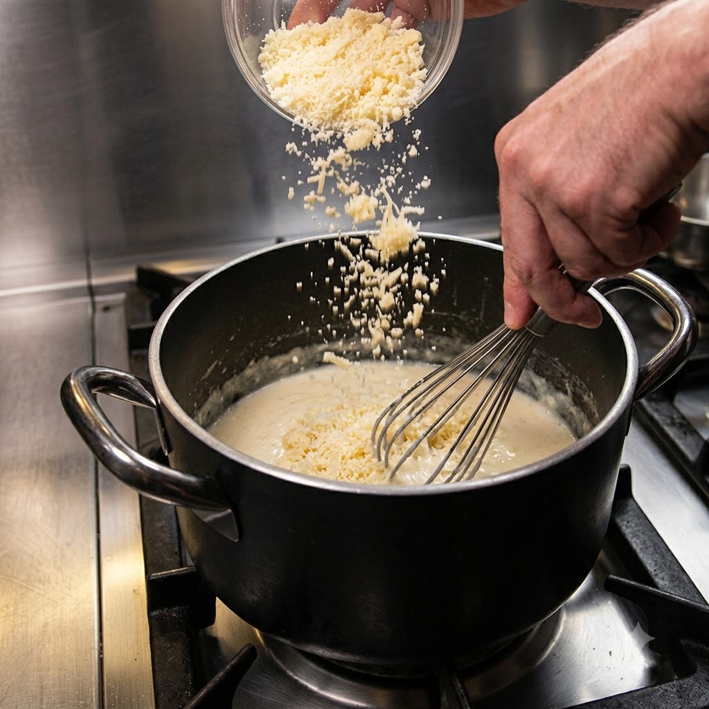 Du fromage râpé tombant dun bol transparent dans une casserole de sauce tout en étant fouetté.